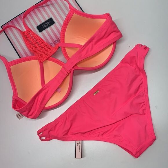 🔥🏖VICTORIA SECRET  swimsuit The Fabulous/The strappy cheeky Hot pink  New - Picture 4 of 7